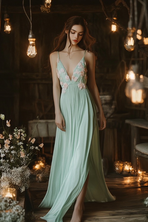 A stylish woman in a pastel mint green sleeveless high-low dress with a gathered bodice, floral appliqués, and a tulip hemline