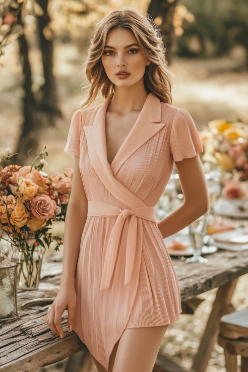 A stylish woman in a pastel peach knee-length wrap dress with a pleated hemline, a cinched waist (2)