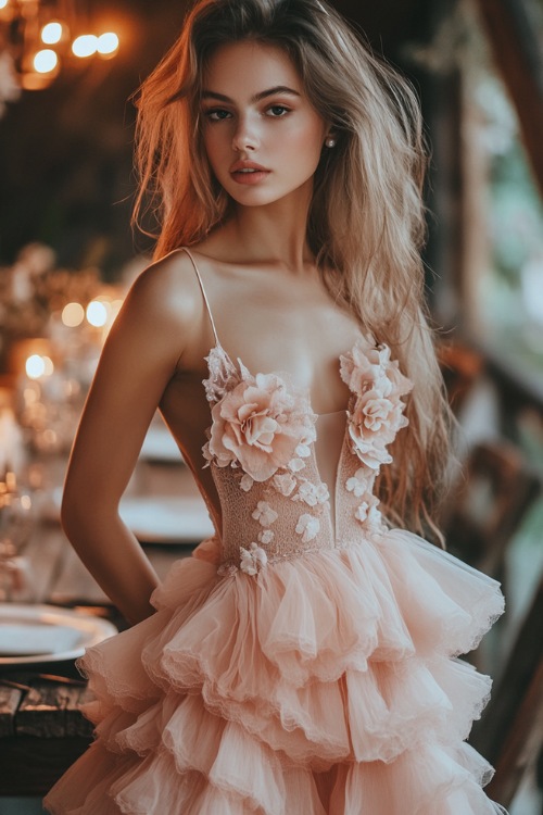 A stylish woman in a pastel peach sleeveless bubble dress with a scalloped hemline, a tiered skirt, and floral appliqués