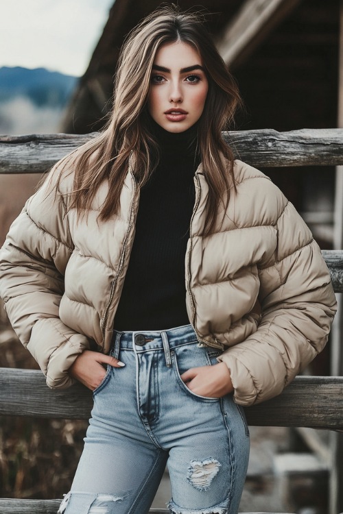 A stylish woman in a quilted puffer jacket layered over a black turtleneck, paired with ripped jeans and brown leather cowboy boots (2)