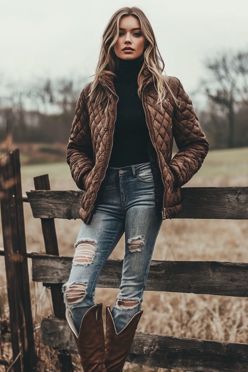 A stylish woman in a quilted puffer jacket layered over a black turtleneck, paired with ripped jeans and brown leather cowboy boots