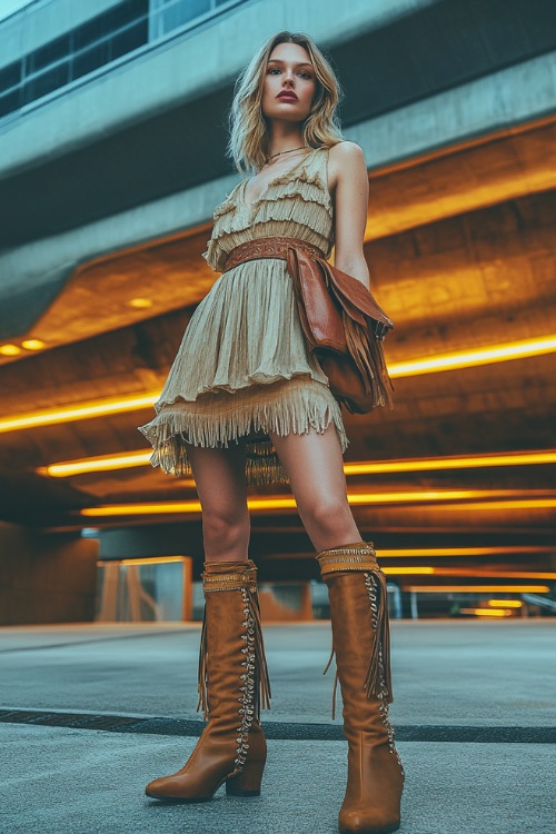 A stylish woman in a sleeveless tiered mini dress, paired with tall suede boots and a fringe shoulder bag