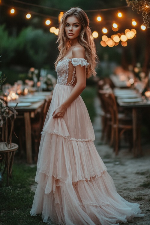 A stylish woman in a soft blush pink A-line midi dress with a sweetheart neckline, flutter sleeves, and a ruffled hemline (2)