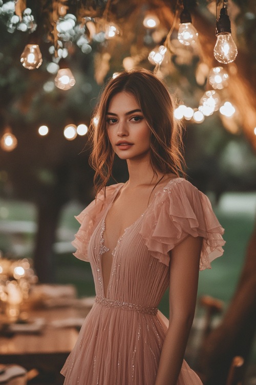 A stylish woman in a soft blush pink A-line midi dress with a sweetheart neckline, flutter sleeves, and a ruffled hemline