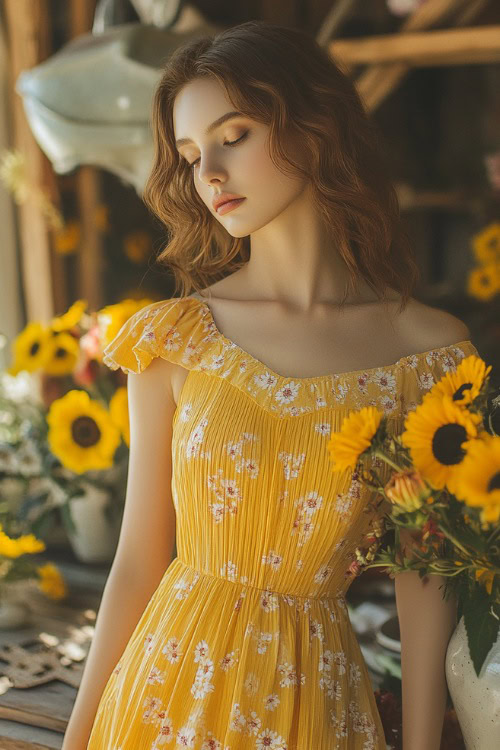 A stylish woman in a sunflower yellow short sleeveless dress with a pleated hemline, floral prints, and a scalloped neckline (2)