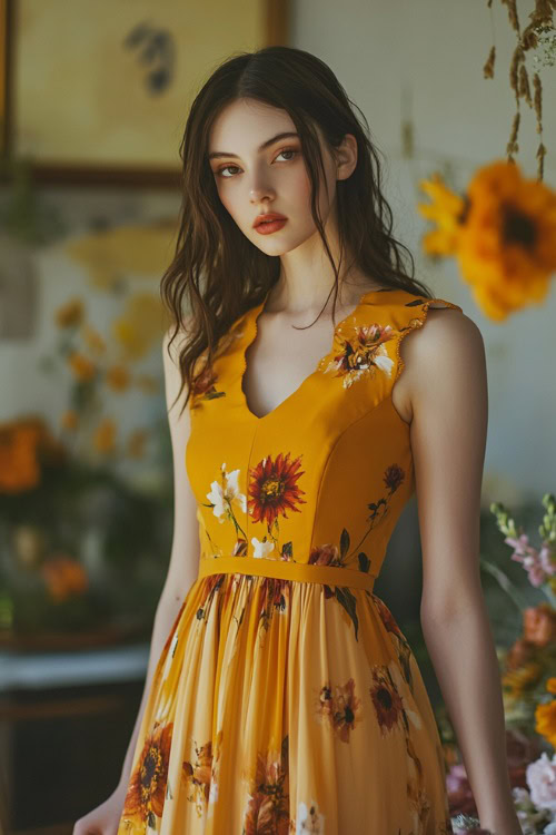 A stylish woman in a sunflower yellow short sleeveless dress with a pleated hemline, floral prints, and a scalloped neckline