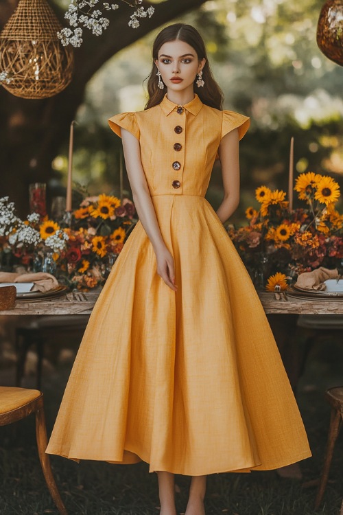 A stylish woman in a sunflower yellow tea-length dress with a collared neckline, button-down detailing, and a flared skirt (2)