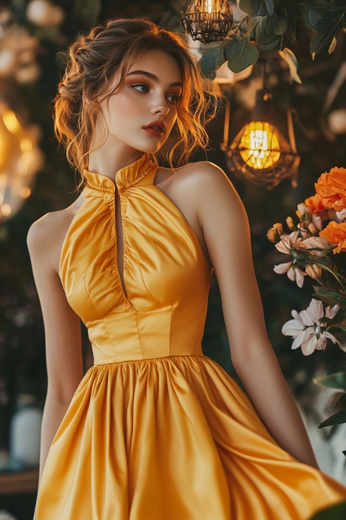 A stylish woman in a sunflower yellow tea-length dress with a smocked bodice, a cinched waist, and a flared hemline