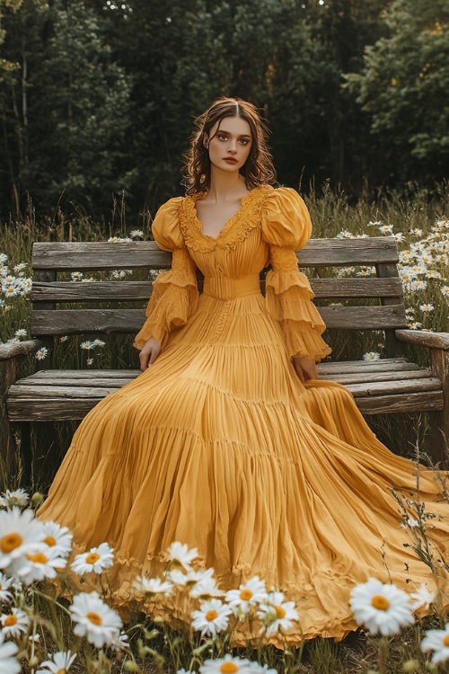 A stylish woman in a sunflower yellow tea-length dress with puff sleeves, a pleated skirt, and a gathered bodice (2)