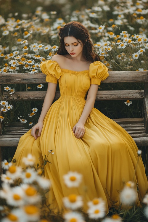 A stylish woman in a sunflower yellow tea-length dress with puff sleeves, a pleated skirt, and a gathered bodice