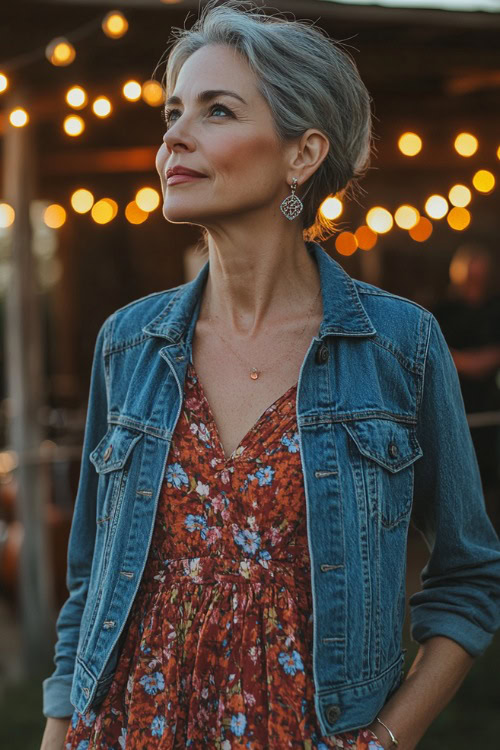 A stylish woman over 40 in a denim jacket layered over a floral maxi dress, paired with wedge sandals and drop earrings