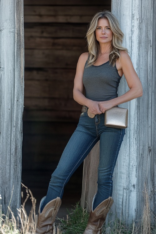 A stylish woman over 40 in a fitted sleeveless top, tailored bootcut jeans, and tall heeled cowboy boots, accessorized with a metallic clutch bag