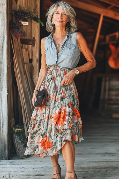 A stylish woman over 40 in a flowy midi skirt with a floral pattern, paired with a sleeveless chambray blouse and heeled sandals, accessorized with a small clutch