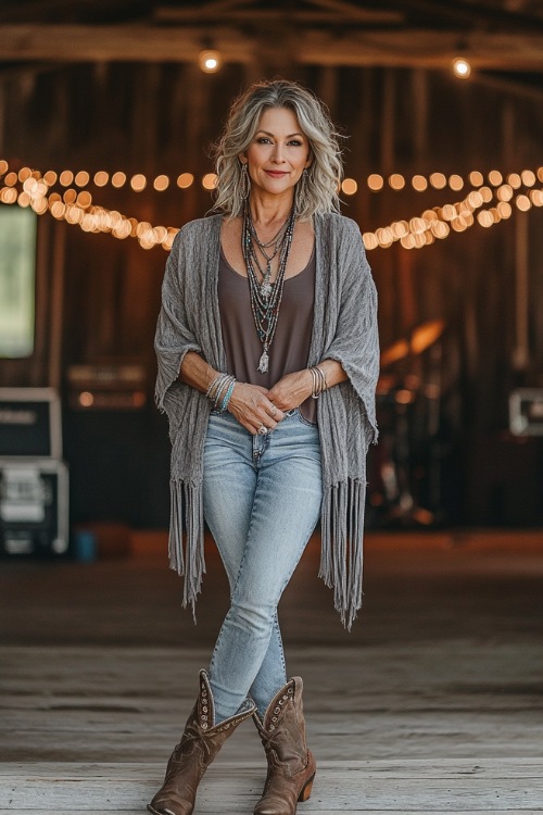 A stylish woman over 40 in a lightweight boho cardigan over a sleeveless top, paired with distressed jeans and cowboy boots