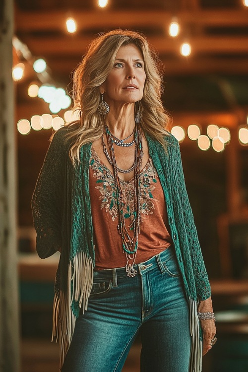 A stylish woman over 40 in a lightweight boho cardigan over a sleeveless top, paired with distressed jeans and fringe cowboy boots (3)