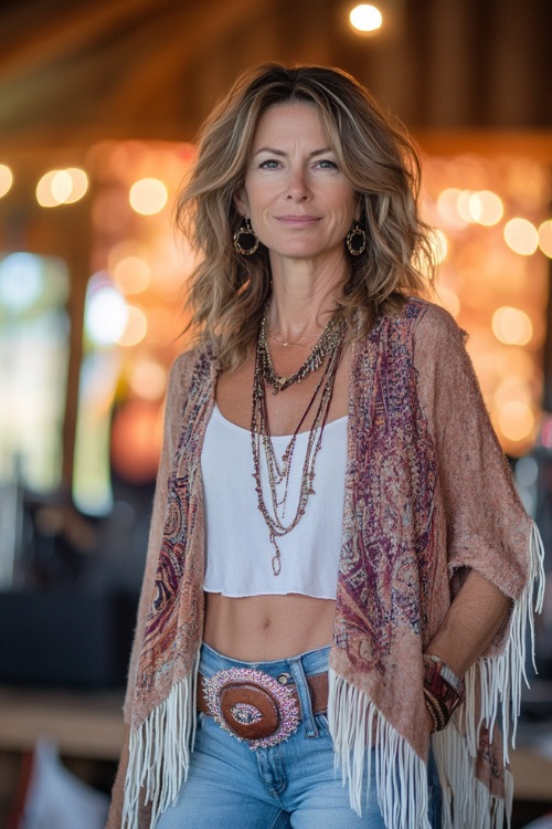 A stylish woman over 40 in a lightweight boho cardigan over a sleeveless top, paired with distressed jeans and fringe cowboy boots