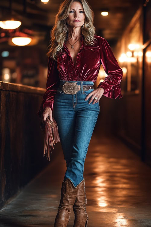 A stylish woman over 40 in a ruched velvet blouse, straight-leg jeans, and fringe cowboy boots, accessorized with a leather clutch bag