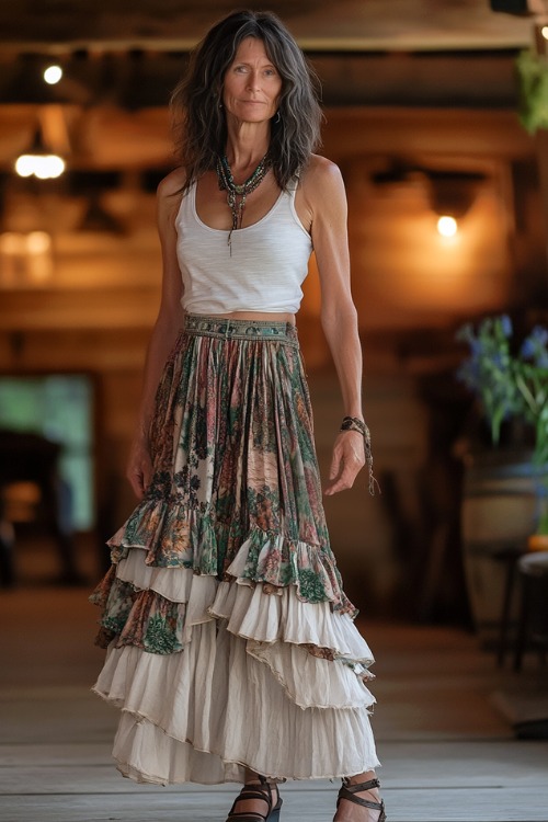 A stylish woman over 40 in a ruffled tiered maxi skirt with a boho print, paired with a sleeveless fitted top and wedge sandals