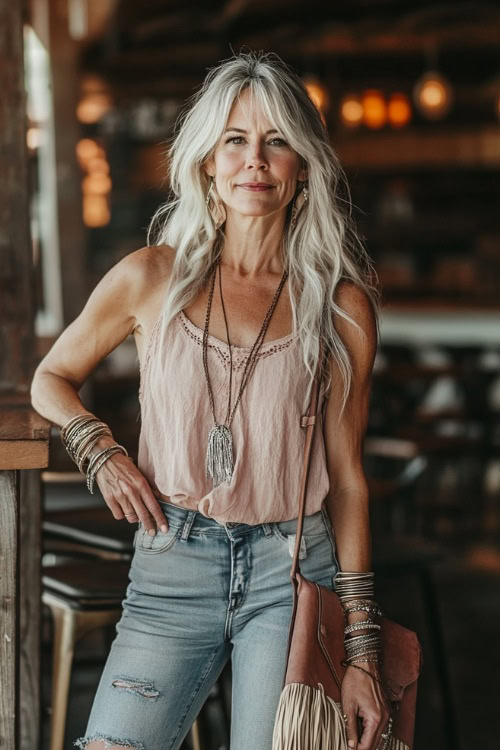 A stylish woman over 40 in a sleeveless boho blouse, distressed jeans, and tall boots, accessorized with layered bracelets and a fringe crossbody bag