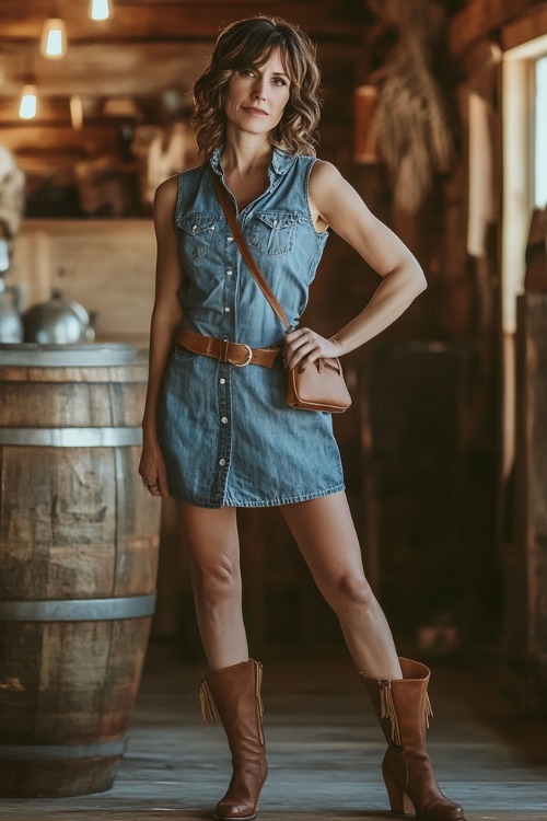 A stylish woman over 40 in a sleeveless chambray shirt dress, paired with tan heeled ankle boots and a leather belt, accessorized with a fringe crossbody bag