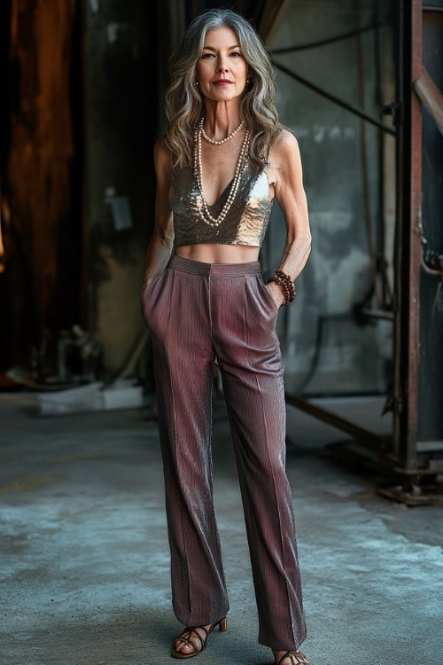 A stylish woman over 40 in a sleeveless metallic top, high-waisted trousers, and strappy sandals, accessorized with a pearl bracelet, standing near a softly lit rustic stage