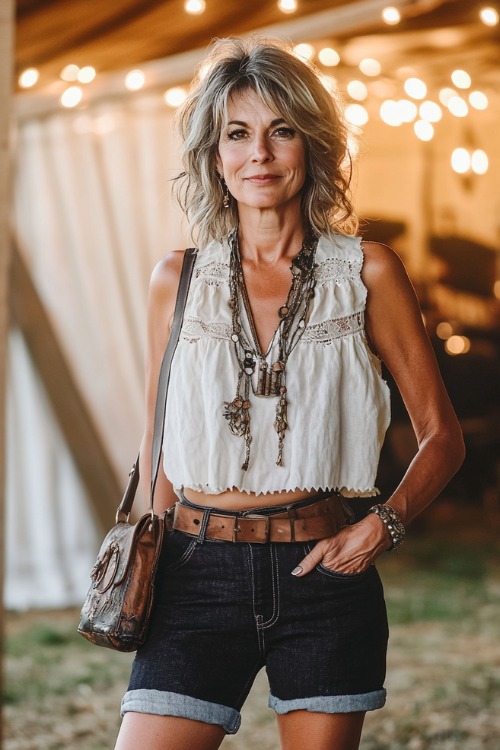 A stylish woman over 40 in cuffed dark denim shorts, paired with a sleeveless boho-inspired blouse and low-heeled boots, accessorized with a leather crossbody bag