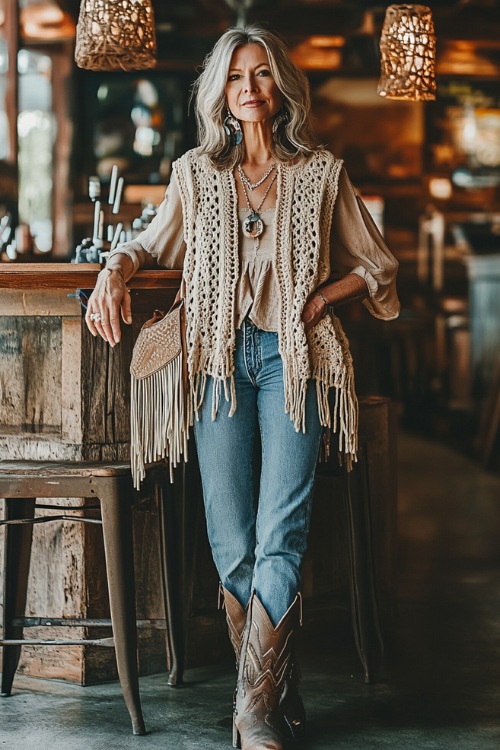 A stylish woman over 40 wearing a crochet vest over a flowy tunic top, paired with straight-leg jeans and studded western boots, accessorized with a fringe shoulder bag