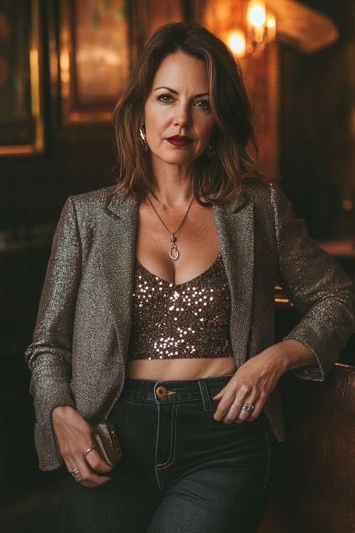 A stylish woman over 40 wearing a cropped blazer over a sequined tank top, straight-leg dark jeans, and strappy stiletto sandals, accessorized with a clutch (2)