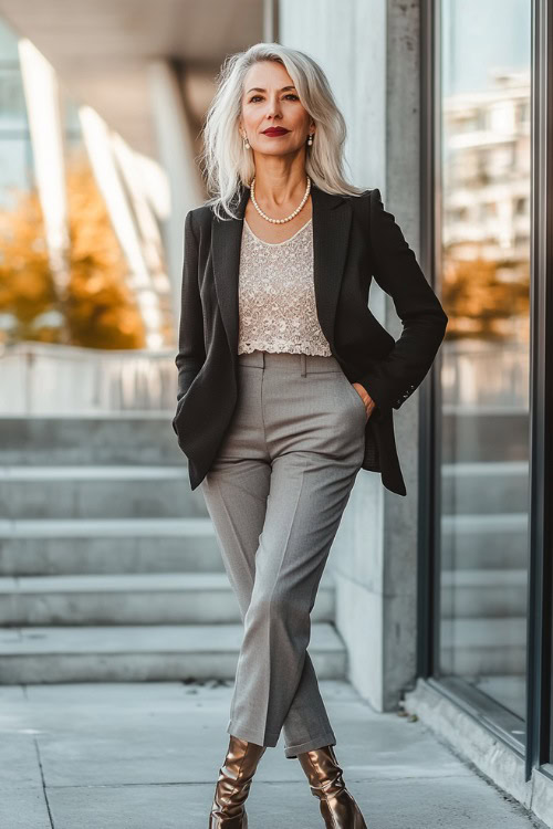 A stylish woman over 40 wearing a lace camisole layered under a fitted blazer, slim-fit trousers, and metallic pointed-toe boots, accessorized with a pearl necklace,