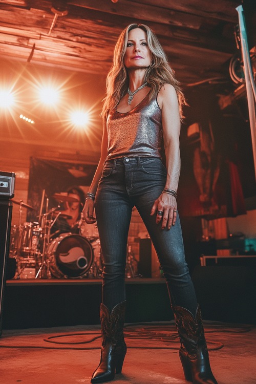 A stylish woman over 40 wearing a metallic tank top, straight-leg dark jeans, and pointed-toe western boots, accessorized with layered necklaces