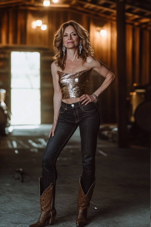 A stylish woman over 40 wearing a one-shoulder metallic top, flared dark jeans, and pointed-toe western boots