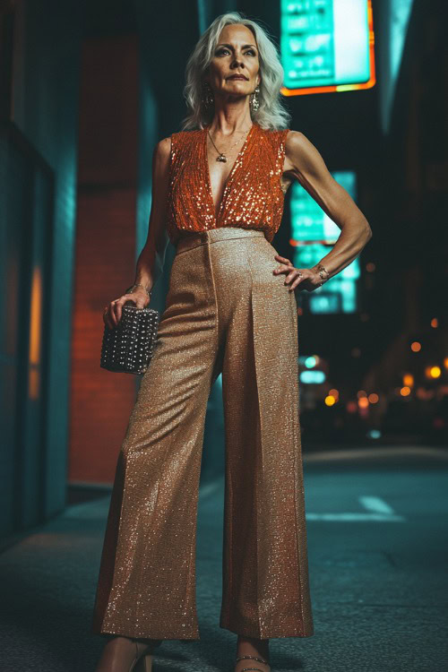 A stylish woman over 40 wearing a sequined sleeveless blouse, tailored wide-leg trousers, and heeled ankle boots, accessorized with a studded clutch (3)