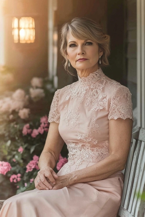 A stylish woman over 50 in a blush pink A-line tea-length dress with a high neckline, lace detailing, and subtle floral embroidery (2)