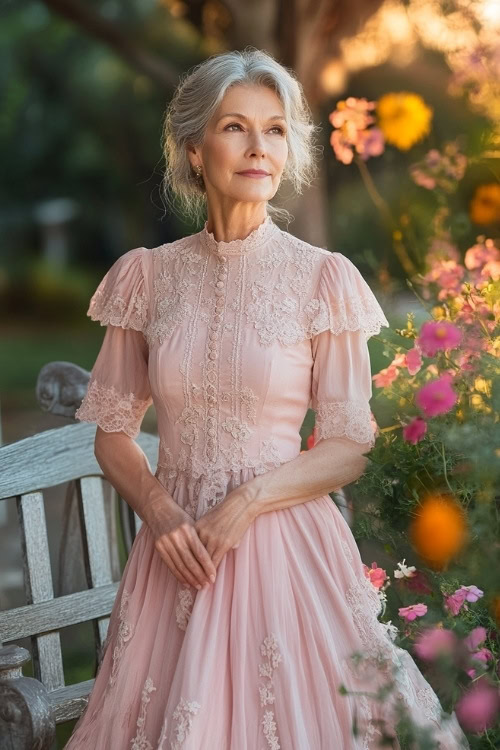 A stylish woman over 50 in a blush pink A-line tea-length dress with a high neckline, lace detailing