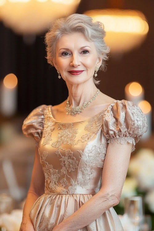 A stylish woman over 50 in a metallic champagne short dress with short puff sleeves, a tiered hemline, and floral lace accents