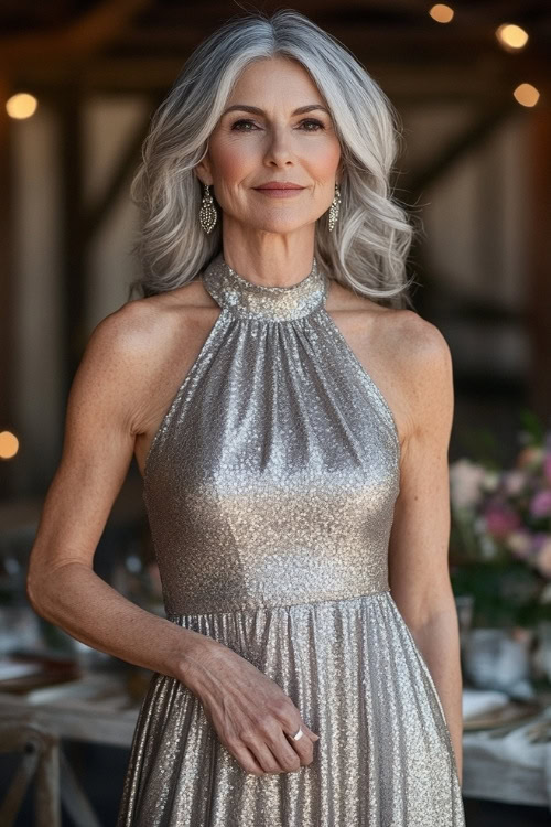 A stylish woman over 50 in a metallic silver sleeveless A-line dress with a halter neckline, a tulip hemline, and subtle lace appliqués