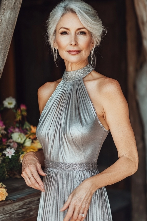 A stylish woman over 50 in a metallic silver sleeveless A-line dress with a halter neckline, a tulip hemline