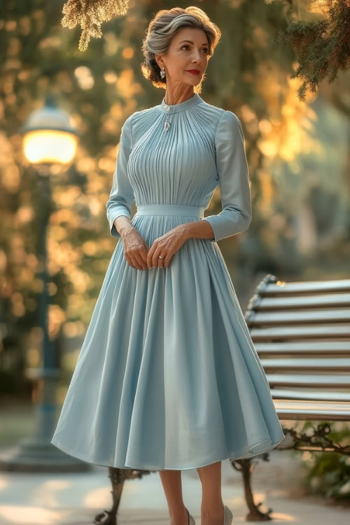 A stylish woman over 50 in a pastel blue knee-length A-line dress with a scalloped hemline, a pleated bodice, and a fitted waist (2)