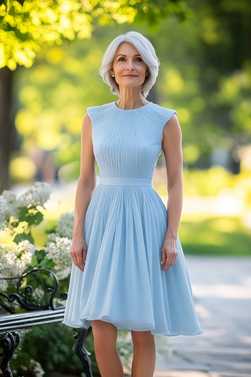 A stylish woman over 50 in a pastel blue knee-length A-line dress with a scalloped hemline, a pleated bodice, and a fitted waist