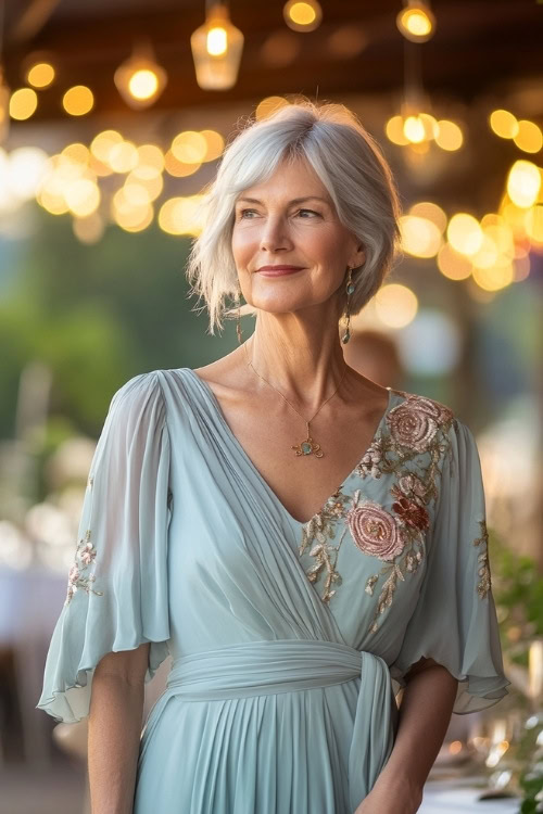 A stylish woman over 50 in a pastel blue wrap maxi dress with flutter sleeves, a pleated hemline, and floral embroidery