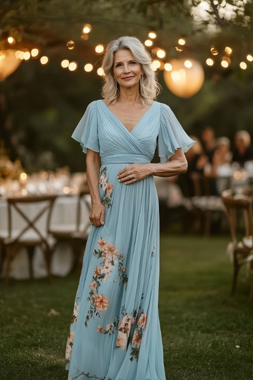 A stylish woman over 50 in a pastel blue wrap maxi dress with flutter sleeves, a pleated hemline, and floral embroidery (3)