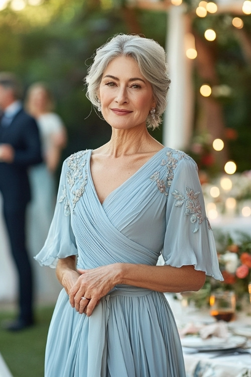 A stylish woman over 50 in a pastel blue wrap maxi dress with flutter sleeves, a pleated hemline, and floral embroidery