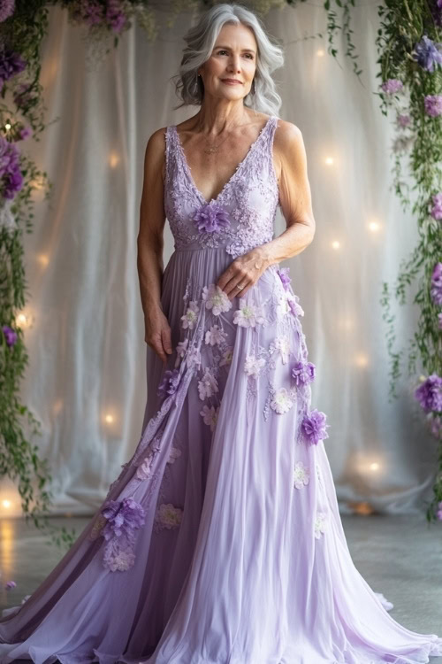 A stylish woman over 50 in a pastel lavender sleeveless A-line maxi dress with floral appliqués, a flowing hemline, and a scalloped neckline (2)