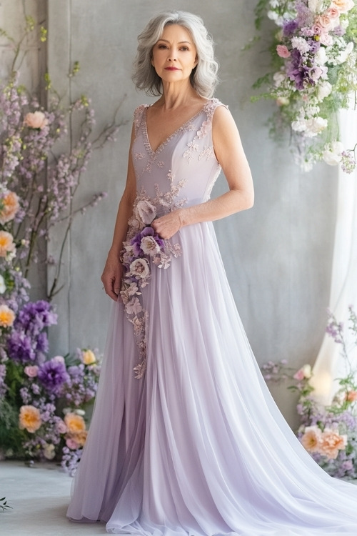 A stylish woman over 50 in a pastel lavender sleeveless A-line maxi dress with floral appliqués, a flowing hemline, and a scalloped neckline