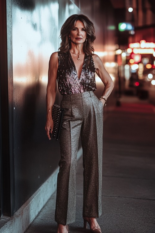 A stylish woman over 50 wearing a sequined sleeveless blouse, tailored wide-leg trousers, and heeled ankle boots, accessorized with a studded clutch