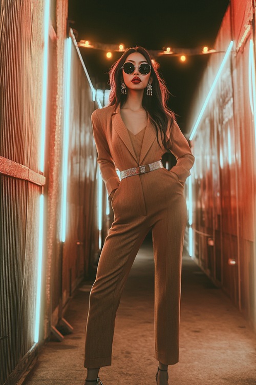 A stylish woman wearing a tailored jumpsuit with a cinched waist, paired with pointed-toe heeled boots and a metallic clutch, accessorized with bold statement earrings,