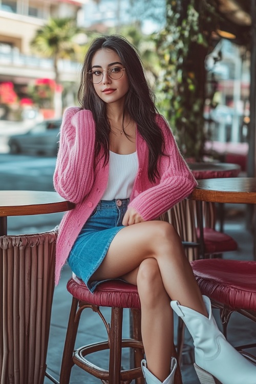 A sweet and casual Valentine's look with a pink cardigan, denim skirt, and white cowboy boots