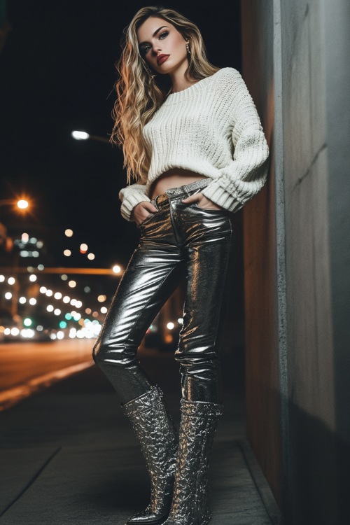 A trendy Nashville outfit featuring a white cropped sweater, high-waisted leather pants, and silver cowboy boots