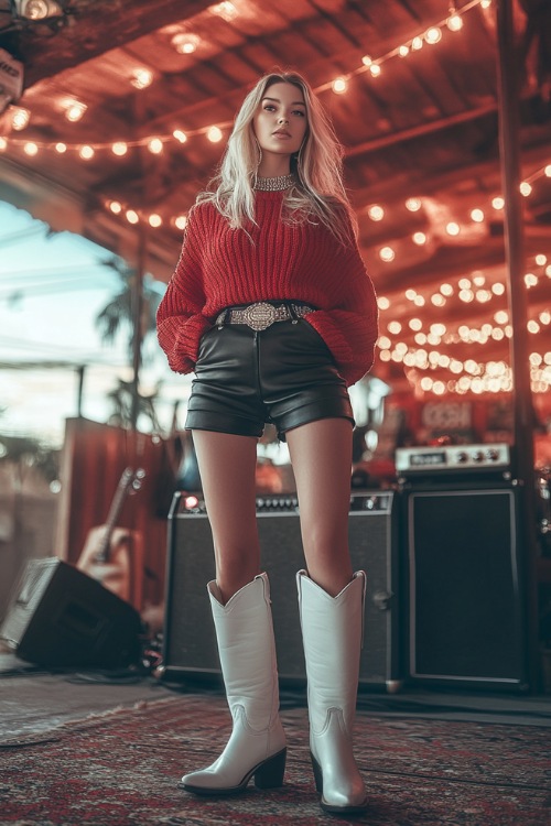 A trendy outfit with a red cropped sweater, black leather skirt, and white cowboy boots