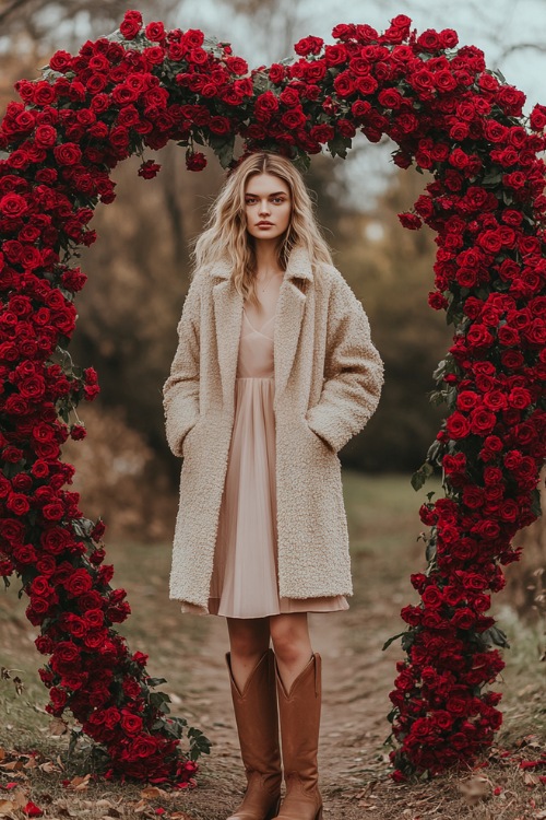 A woman dressed in a blush pink midi dress, layered with a beige coat and brown cowboy boots